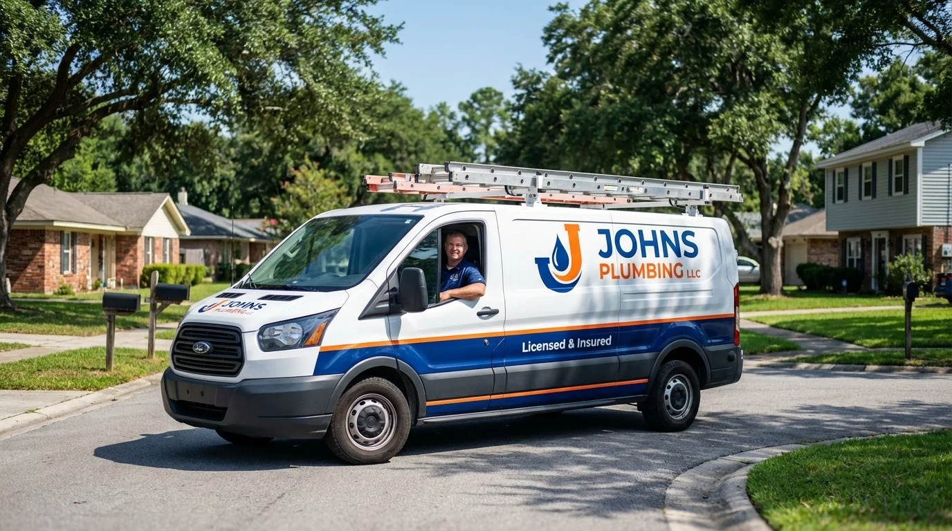 Johns Plumbing LLC service van in Logansport, LA
