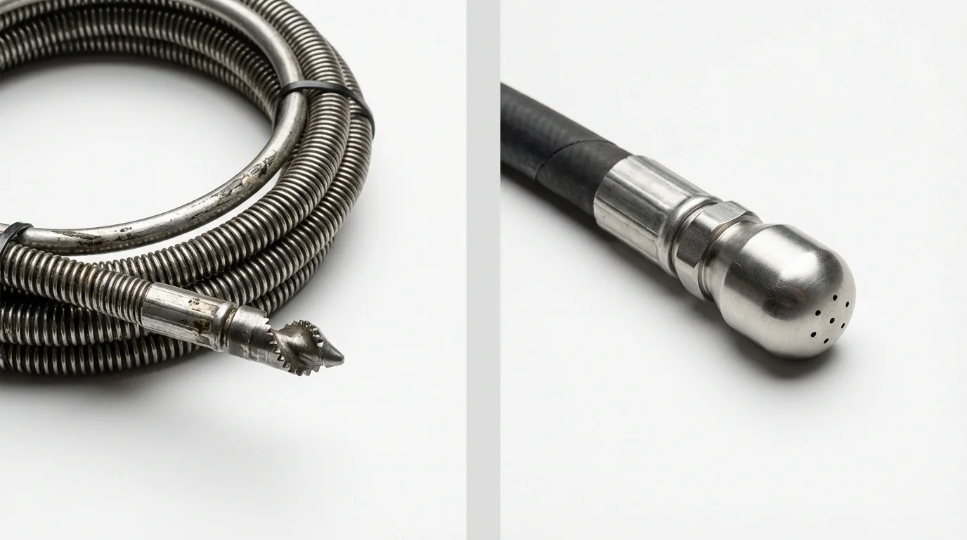 Drain snake cable and hydro jetting nozzle used for drain cleaning in Logansport, LA