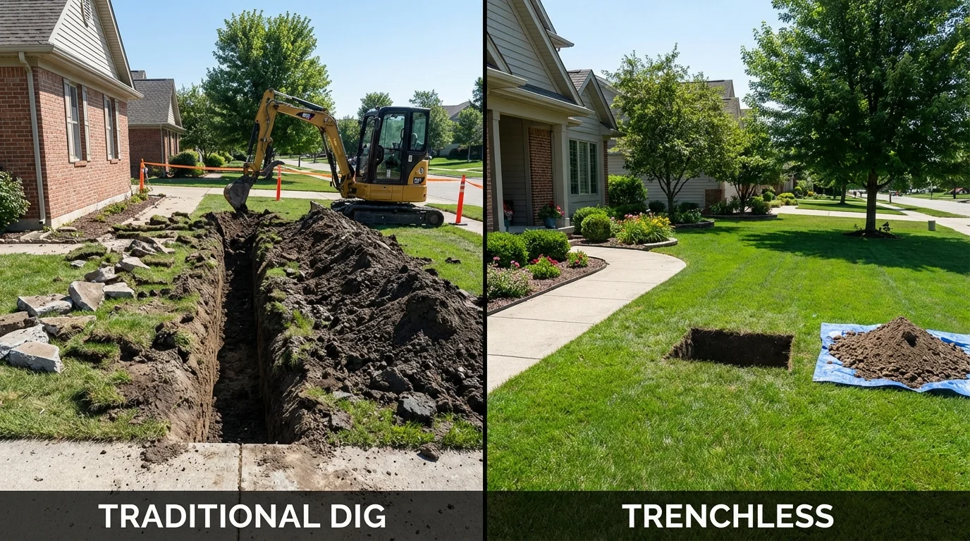 Trenchless sewer repair with minimal yard damage versus traditional excavation in Logansport, LA